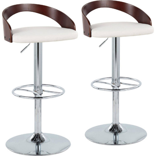 Grotto Adjustable Height Swivel Bar Stool in Chrome, Cherry Wood & White Leatherette (Set of 2)